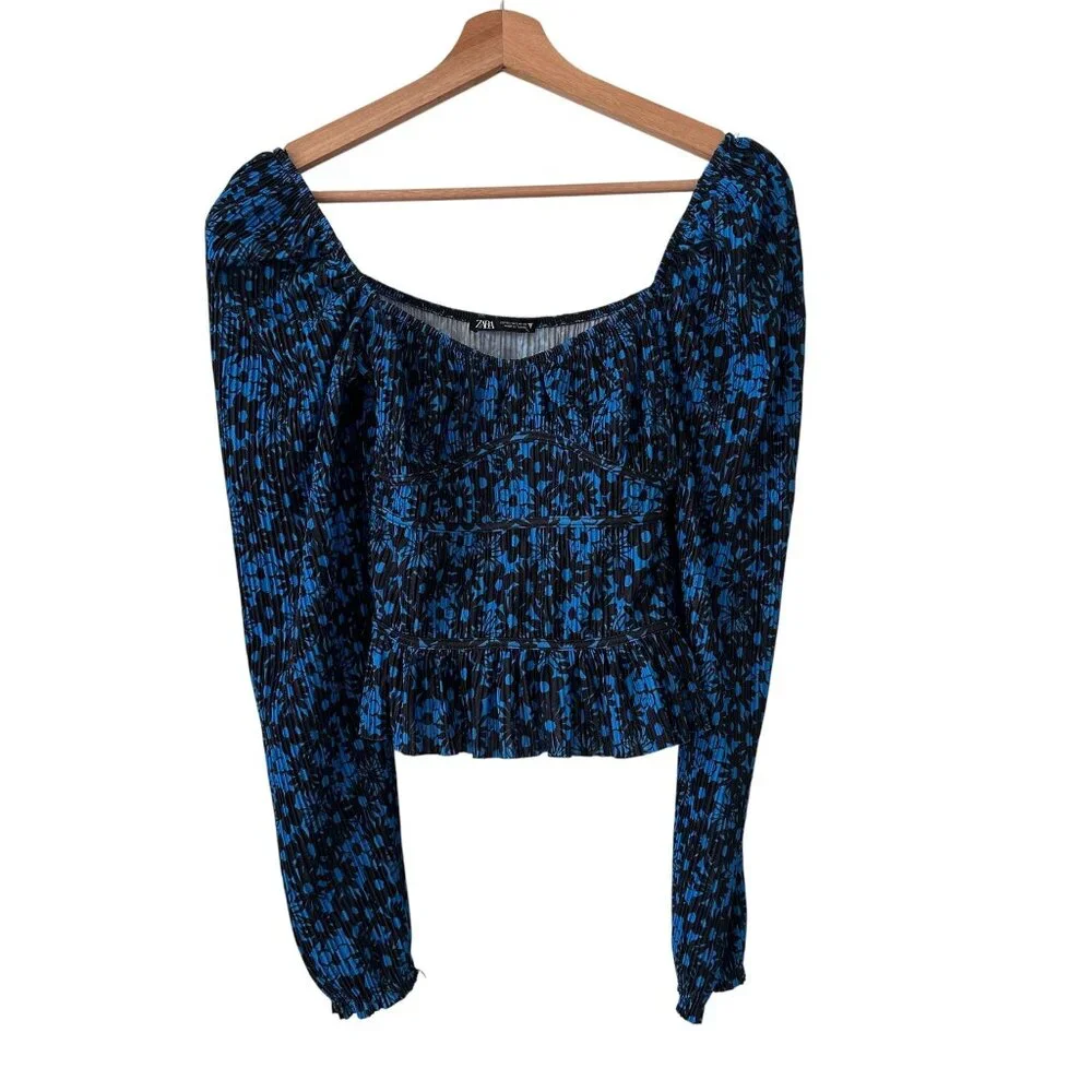 Zara Blue & Black Floral Print Smocked Cropped Long Sleeve Top S